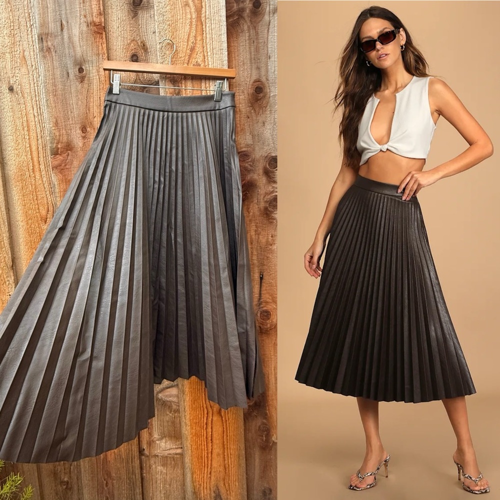 Dark Chocolate Brown Vegan Faux Leather Pleated Midi Skirt 🌿
